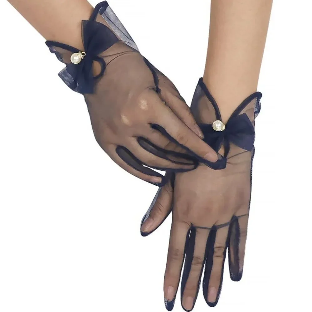 Women's Navy Blue Bow Tulle Pearls Mesh Tea Short Gloves Party Prom Accessories